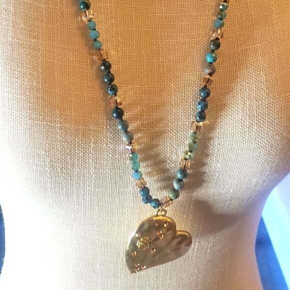 Boho Turquoise and Gold Heart Pendant Necklace - Picture 1 of 3